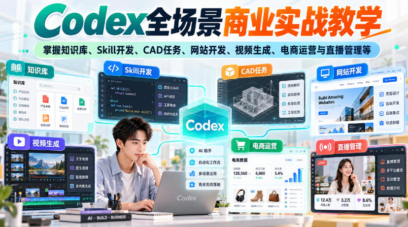 【无水印】Codex全场景商业实战教学，掌握知识库、Skill开发、CAD任务、网站开发、视频生成、电商运营与直播管理等 - 啥好玩副业网-啥好玩副业网