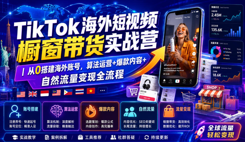 TikTok海外短视频橱窗带货实战营｜从0搭建海外账号，算法运营+爆款内容+自然流量变现全流程-啥好玩