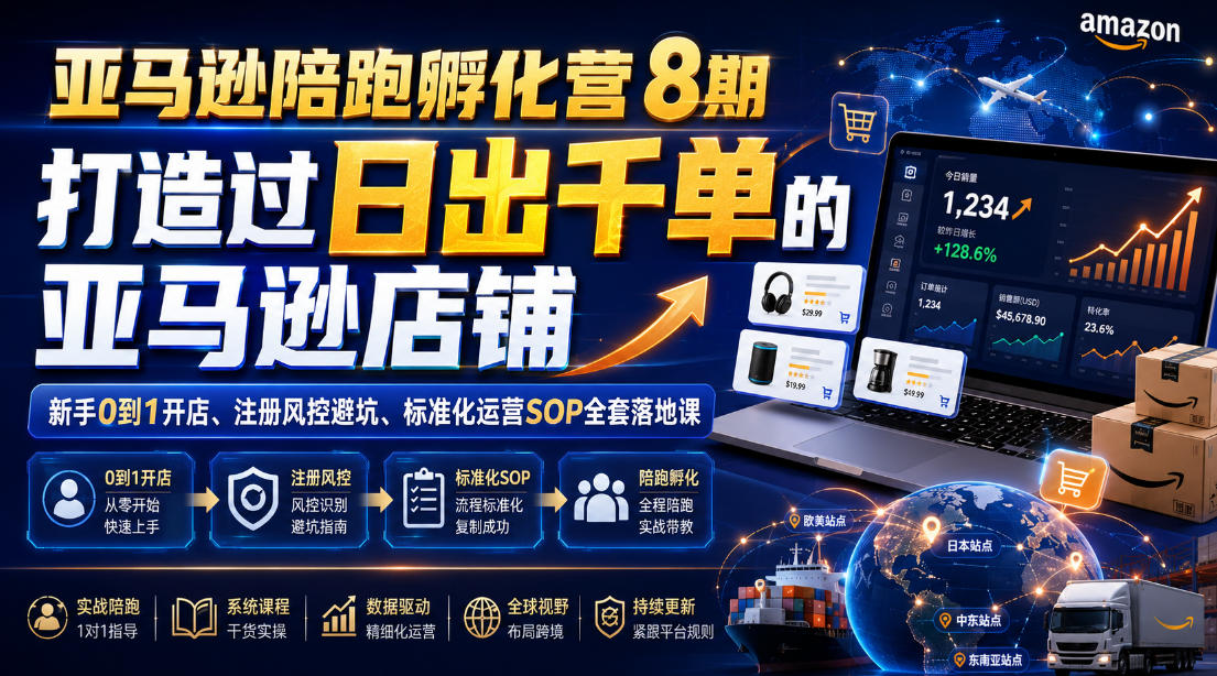 亚马逊陪跑孵化营8期，打造过日出千单的亚马逊店铺，新手0到1开店、注册风控避坑、标准化运营SOP全套落地课-啥好玩