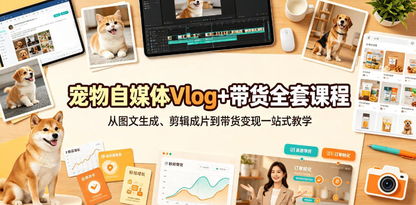 宠物自媒体Vlog+带货全套课程｜从图文生成、剪辑成片到带货变现一站式教学 - 啥好玩-啥好玩