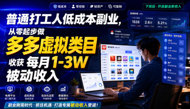 普通打工人低成本副业，从零起步做多多虚拟类目，收获每月1-3W被动收入【揭秘】-啥好玩