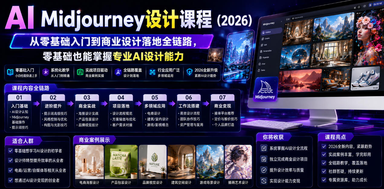 AI Midjourney设计课程(2026),从零基础入门到商业设计落地全链路,零基础也能掌握专业AI设计能力-啥好玩